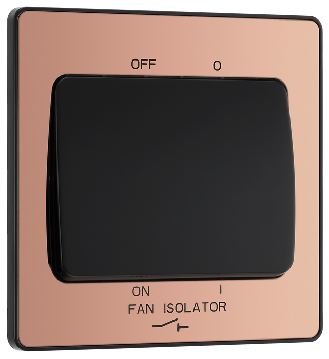 PCDCP15B Front - This Evolve Polished Copper 10A triple pole fan isolator switch from British General provides a safe and simple method of isolating mechanical fan units.