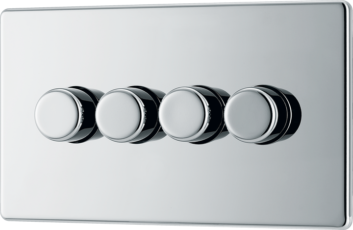 FPC84 Front - This trailing edge quadruple dimmer switch from British General allows you to control your light levels and set the mood. The intelligent electronic circuit monitors the connected load and provides a soft-start with protection against thermal.