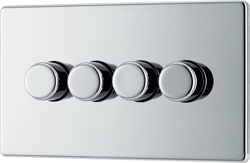 FPC84 Front - This trailing edge quadruple dimmer switch from British General allows you to control your light levels and set the mood. The intelligent electronic circuit monitors the connected load and provides a soft-start with protection against thermal.