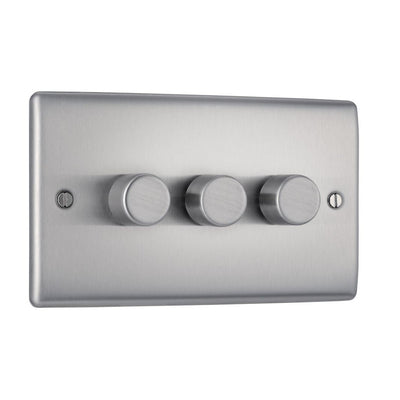 BG Nexus Brushed Steel 200W 2-Way 3 Gang Trailing Edge Push Dimmer & Surface Pattress Back Box