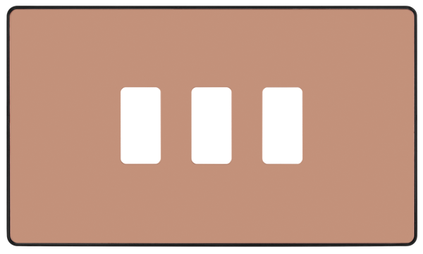 RPCDCP3B Front - The Grid modular range from British General allows you to build your own module configuration with a variety of combinations and finishes. This polished copper finish Evolve front plate clips on for a seamless finish, and can accommodate 3 Grid modules - ideal for switches and other domestic applications.