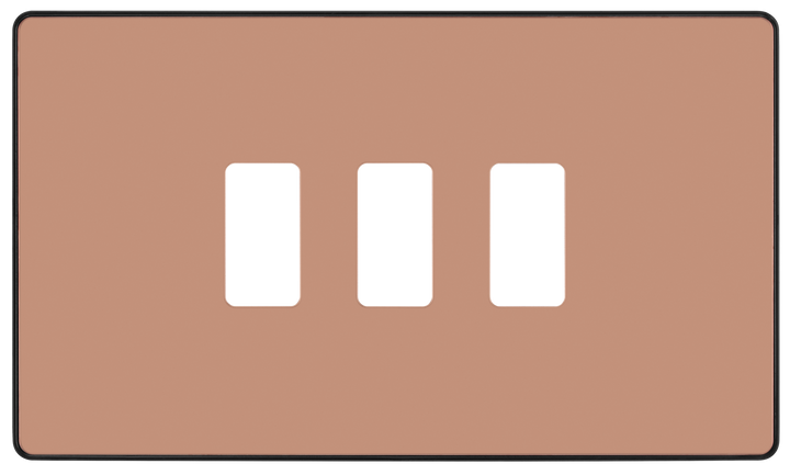 RPCDCP3B Front - The Grid modular range from British General allows you to build your own module configuration with a variety of combinations and finishes. This polished copper finish Evolve front plate clips on for a seamless finish, and can accommodate 3 Grid modules - ideal for switches and other domestic applications.