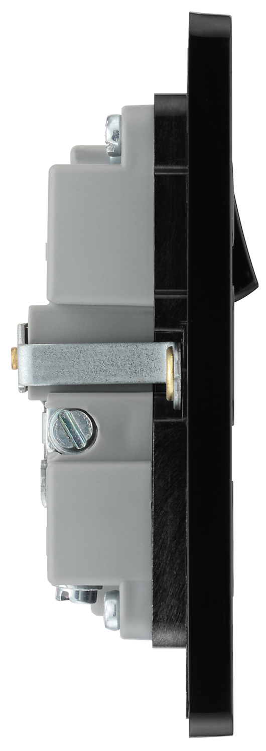 PCDBC21B Side - This Evolve Black Chrome 13A single switched socket from British General has been designed with angled in line colour coded terminals and backed out captive screws for ease of installation, and fits a 25mm back box making it an ideal retro-fit replacement for existing sockets.