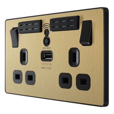 BG Evolve Satin Brass Double USB Socket with WiFi Extender PCDSB22UWRB and 25mm Steel Back Box