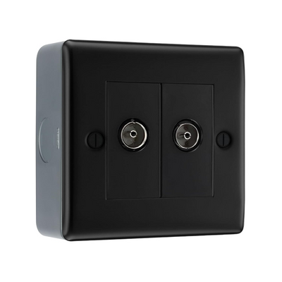 BG Nexus Matt Black 2 Gang Double TV/FM Diplex Socket & Surface Pattress Back Box