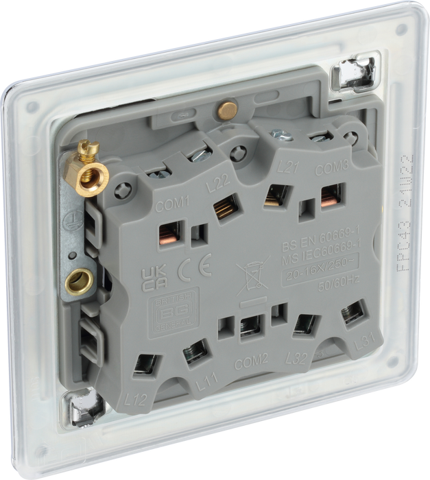 FPC43 Back - This Screwless Flat plate polished chrome finish 20A 16AX triple light switch from British General can operate 3 different lights whilst the 2 way switching allows a second switch to be added to the circuit to operate the same light from another location (e.g. at the top and bottom of the stairs).