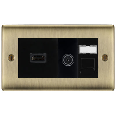 BG Nexus Antique Brass Media Wall Plate TV Aerial, HDMI & CAT6 Outlet - Black Insert
