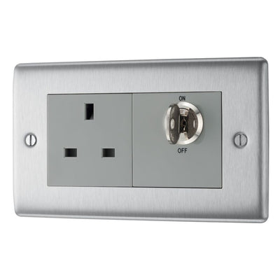 BG Nexus Brushed Steel 13A Double Pole Key Controlled Socket – Grey Inserts