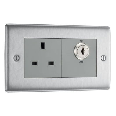 BG Nexus Brushed Steel 13A Double Pole Key Controlled Socket – Grey Inserts