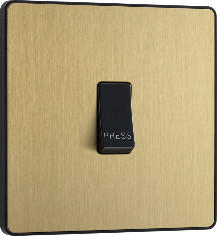 PCDSB14B Front - This Evolve Satin Brass bell push switch from British General is ideal for use where access is restricted such as office buildings or hospitals, where visitors need to let those inside know they have arrived. This switch has a low profile screwless flat plate that clips on and off, making it ideal for modern interiors.