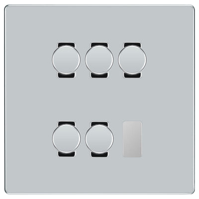 BG Polished Chrome Screwless Flat Plate 5 Gang Trailing Edge LED Dimmer Light Switch 2 Way Custom Switch by British General (SCREWLESS-PC-5G-CUSTOM-5xDIMMER-2Way)