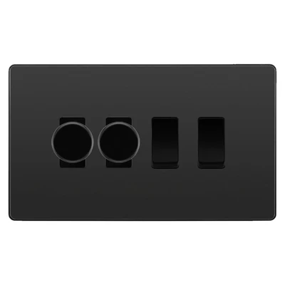 BG Evolve Black Chrome 4 Gang Switch 2x Trailing Edge LED Dimmer 2x Intermediate Custom Grid Switch by British General (BG-Evolve-BC-4G-CUSTOM-2x-Dimmer-2x-INT)