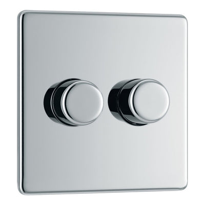 BG Screwless Polished Chrome 200W 2 Way Double Trailing Edge Dimmer Switch FPC82 with 35mm Steel Back Box