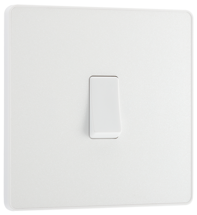 PCDCL12W Front - This Evolve pearlescent white 20A 16AX single light switch from British General will operate one light in a room.