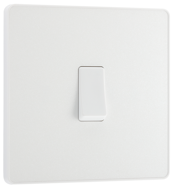 PCDCL12W Front - This Evolve pearlescent white 20A 16AX single light switch from British General will operate one light in a room.