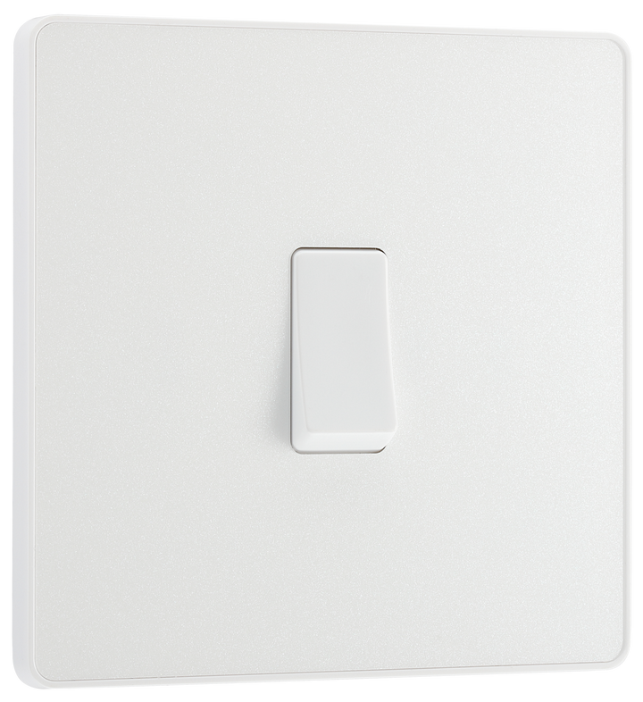 PCDCL12W Front - This Evolve pearlescent white 20A 16AX single light switch from British General will operate one light in a room.