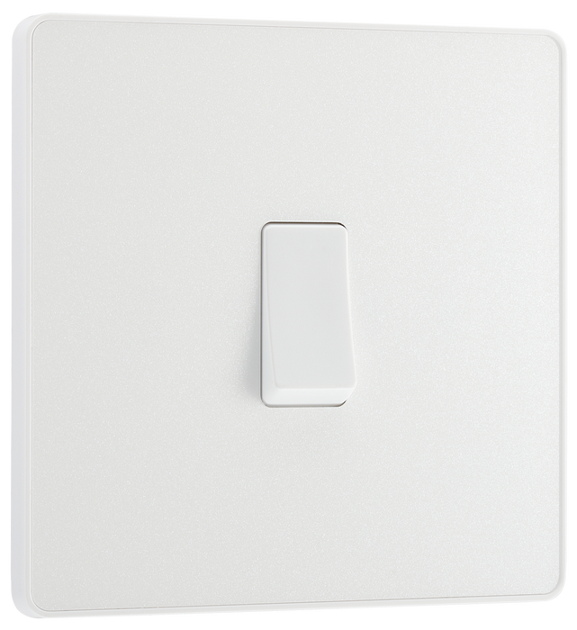 PCDCL12W Front - This Evolve pearlescent white 20A 16AX single light switch from British General will operate one light in a room.