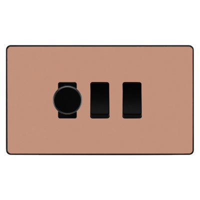 BG Evolve Polished Copper 3 Gang Switch 1x Trailing Edge LED Dimmer 2x Intermediate Custom Grid Switch by British General (BG-Evolve-CP-3G-CUSTOM-1x-Dimmer-2x-INT)