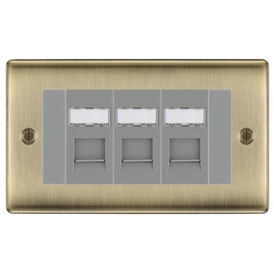 BG Nexus Antique Brass 3 Gang RJ45 Cat6 Data Socket Outlet Grey Inserts by British General (BG-NABRJ453G)