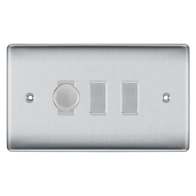 BG Brushed Steel 3 Gang Light Switch 1x Trailing Edge LED Dimmer 2x 2 Way Custom Switch