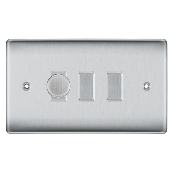 BG Brushed Steel 3 Gang Light Switch 1x Trailing Edge LED Dimmer 2x 2 Way Custom Switch