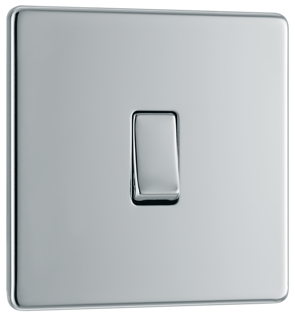 FPC13 Front - This Screwless Flat plate polished chrome finish 20A 16AX intermediate light switch from British General should be used as the middle switch when you need to operate one light from 3 different locations such as either end of a hallway and at the top of the stairs.