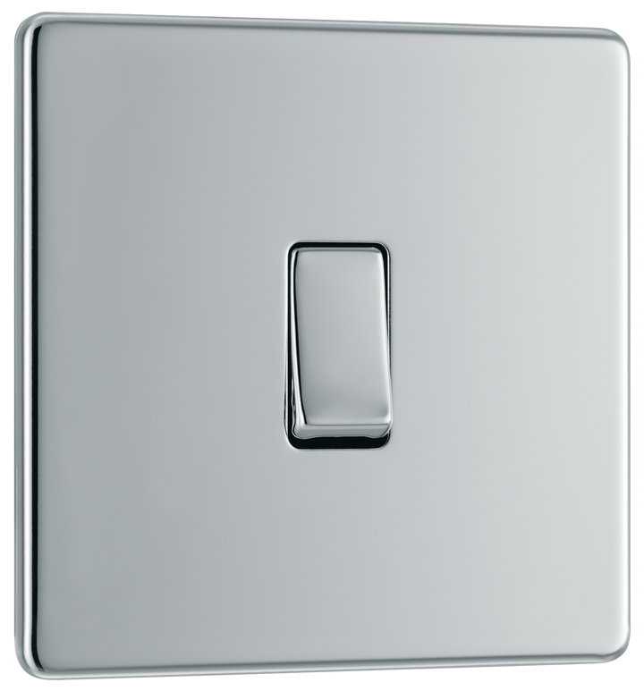 FPC13 Front - This Screwless Flat plate polished chrome finish 20A 16AX intermediate light switch from British General should be used as the middle switch when you need to operate one light from 3 different locations such as either end of a hallway and at the top of the stairs.