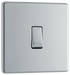 FPC13 Front - This Screwless Flat plate polished chrome finish 20A 16AX intermediate light switch from British General should be used as the middle switch when you need to operate one light from 3 different locations such as either end of a hallway and at the top of the stairs.