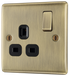 NAB21B Front - This antique brass finish 13A single switched socket from British General has a sleek and slim profile with softly rounded edges and no visible plastic around the switch to add a touch of luxury to your decor.