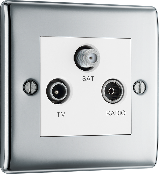 NPC67W Front - This screened Triplex socket from British General has an outlet for TV FM and satellite, with each outlet clearly labelled for ease of identification.