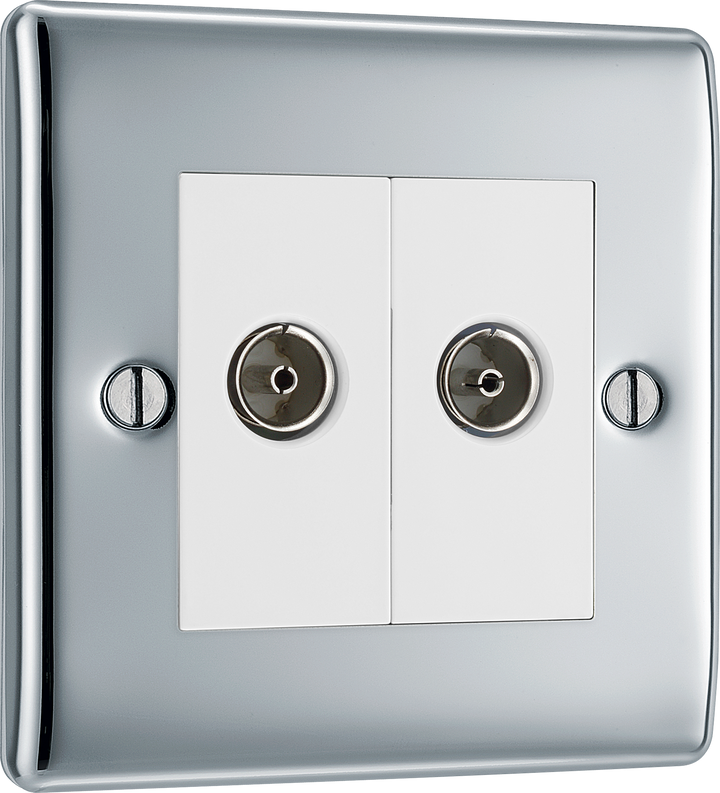 NPC63 Front - This isolated coaxial socket from British eneral has 2 connection points for TV or FM coaxial  to yoaerial conneGctions.