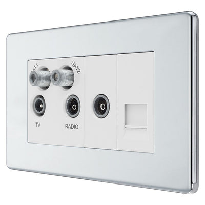 BG Screwless Polished Chrome Quadplex TV FM SAT (x2) FPC69 with 35mm Steel Back Box
