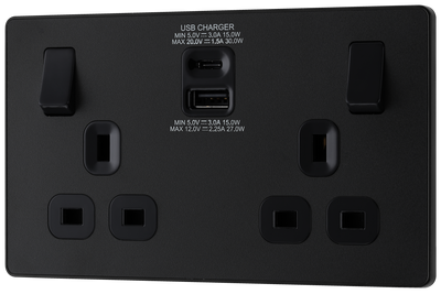 PCDMB22UAC30B Front - This Evolve Matt Black 13A power socket from British General with integrated fast charge USB-A and USB-C ports delivers a 50% charge to mobile phones in just 30 minutes.