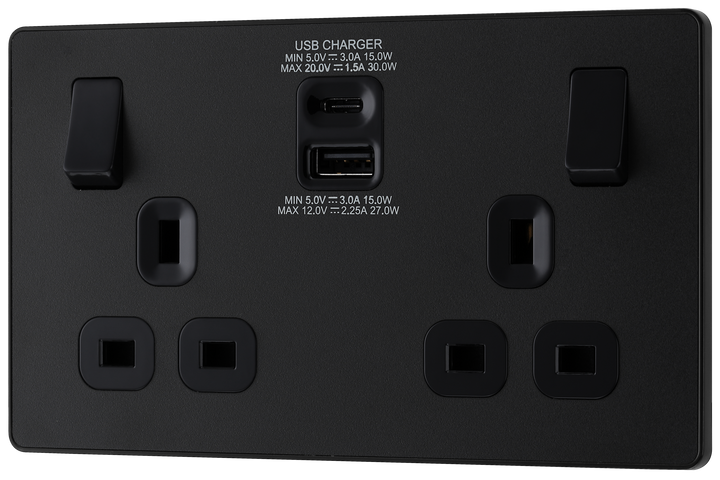 PCDMB22UAC30B Front - This Evolve Matt Black 13A power socket from British General with integrated fast charge USB-A and USB-C ports delivers a 50% charge to mobile phones in just 30 minutes.