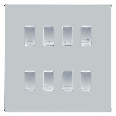 BG Screwless Polished Chrome 8 Gang Engraved Custom Labelled Appliance Grid Switch by British General (BG-SCREWLES-POLISHED-CHROME-CUSTOM-8GANG)