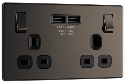 FBN22U3B Front - This completely screwless and slimline flat plate double 13A power socket from British General comes with two USB charging ports allowing you to plug in an electrical device and charge mobile devices simultaneously without having to sacrifice a power socket.