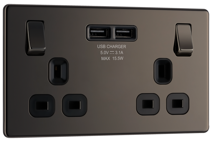 FBN22U3B Front - This completely screwless and slimline flat plate double 13A power socket from British General comes with two USB charging ports allowing you to plug in an electrical device and charge mobile devices simultaneously without having to sacrifice a power socket.