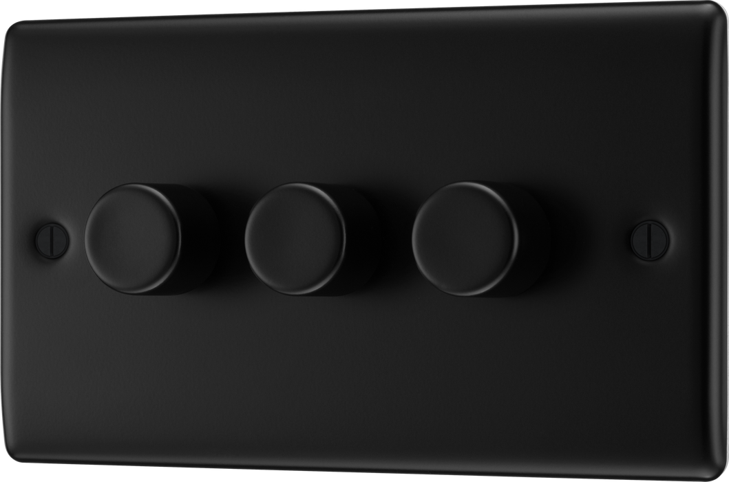 BG NFB83 Nexus Metal Matt Black 3 Gang 200W 2 Way Push On-Off Intelligent LED Dimmer Switch