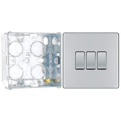 BG Screwless Polished Chrome 20A 16AX 2 Way Triple Light Switch FPC43 with 35mm Steel Back Box