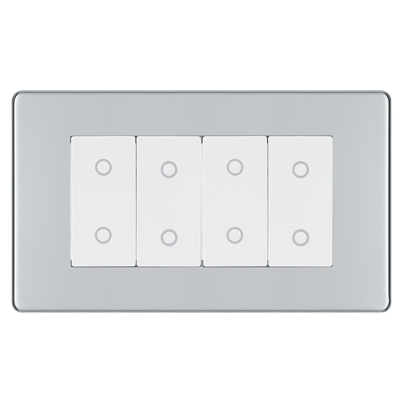 BG Nexus Screwless Polished Chrome Quad Master Touch Dimmer Switch White Inserts FPCTDM4W