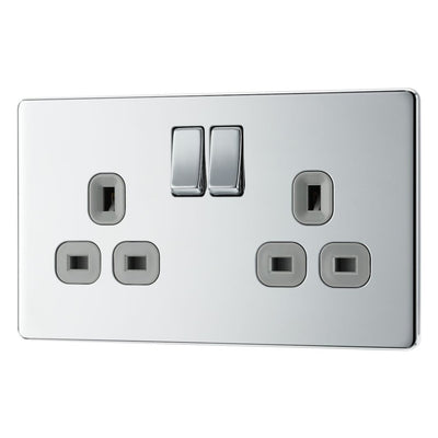 BG Screwless Polished Chrome 13A Double Switched Socket FPC22G with 25mm Steel Back Box