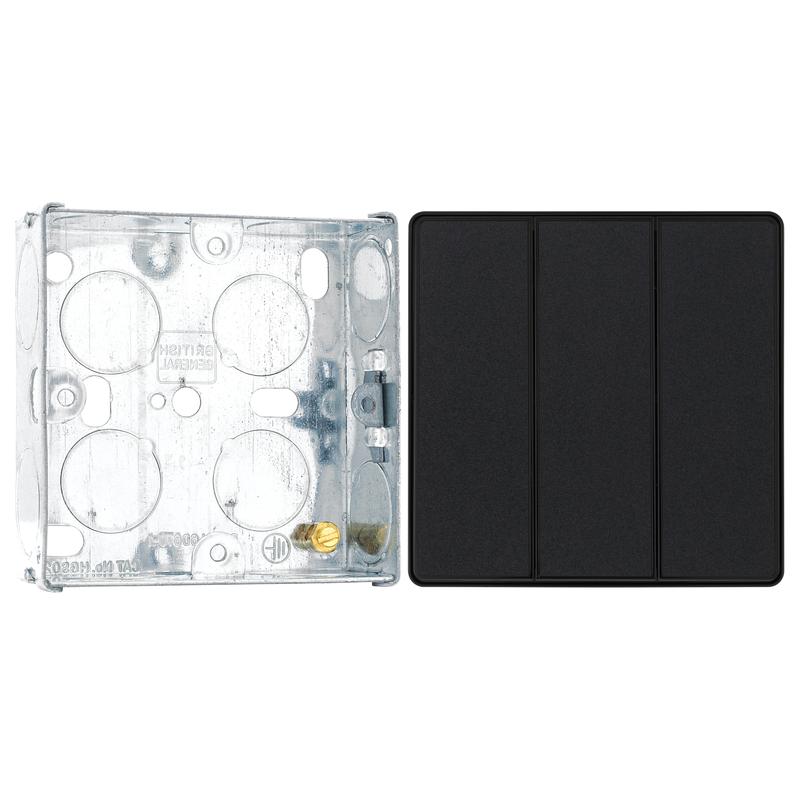BG Evolve Matt Black 2 Way Triple Edge to Edge Rocker Switch PCDMB43EB with 25mm Steel Back Box