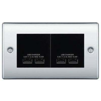 BG Nexus Polished Chrome 4G Euro Plate with 2X USB-A Dual Chargers Black Insert