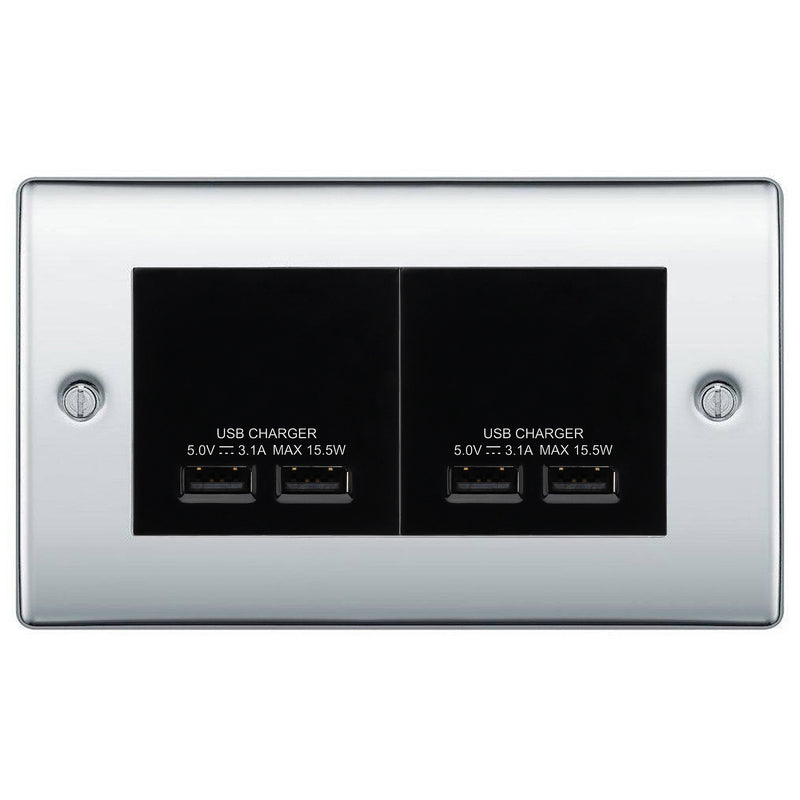 BG Nexus Polished Chrome 4G Euro Plate with 2X USB-A Dual Chargers Black Insert