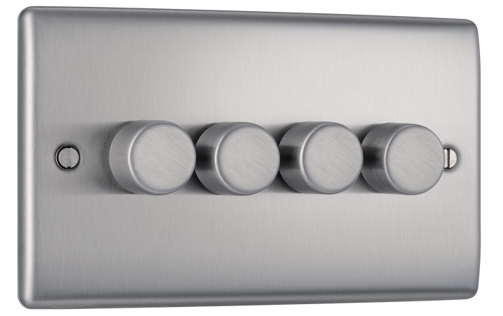 NBS84 Front -This trailing edge quadruple dimmer switch from British General allows you to control your light levels and set the mood. The intelligent electronic circuit monitors the connected load and provides a soft-start with protection against thermal, current and voltage overload.