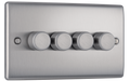 NBS84 Front -This trailing edge quadruple dimmer switch from British General allows you to control your light levels and set the mood. The intelligent electronic circuit monitors the connected load and provides a soft-start with protection against thermal, current and voltage overload.