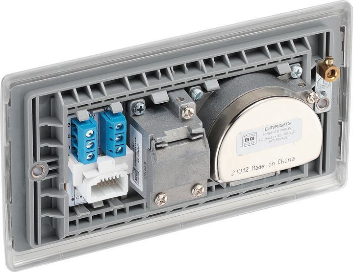 NBS68 Back - This screened Triplex socket from British General has an outlet for TV FM and satellite, plus a return and shuttered telephone socket.