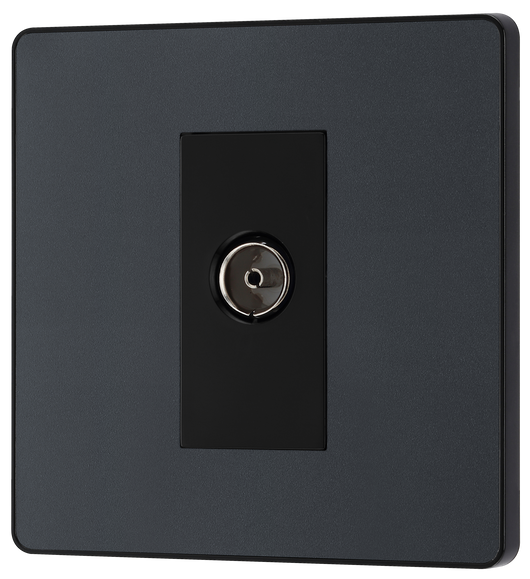 PCDMG60B Front - This Evolve Matt Grey single coaxial socket from British General can be used for TV or FM aerial connections. This socket has a low profile screwless flat plate that clips on and off, making it ideal for modern interiors.