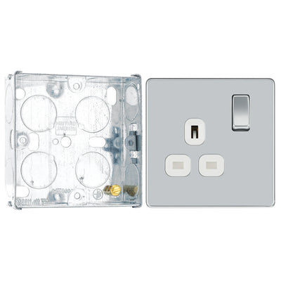 BG Screwless Polished Chrome 13A Single Switched Socket FPC21W with 25mm Steel Back Box by British General (BG-FPC21W+HGS02)