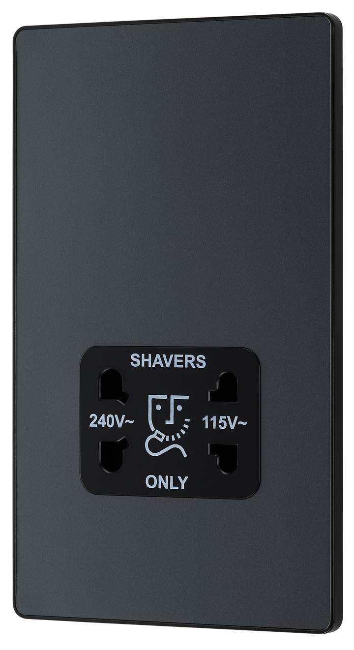 PCDMG20B Front - This Evolve Matt Grey dual voltage shaver socket from British General is suitable for use with 240V and 115V shavers and electric toothbrushes.